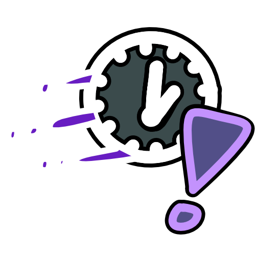 A grey clock next to a large purple exclamation mark has purple marks behind it, indicating fast motion. The image has light line art.